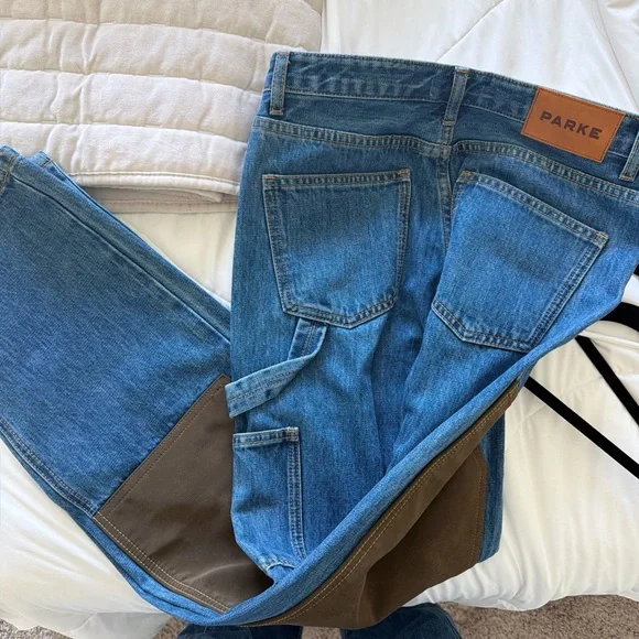 Straight Leg Two-Tone Denim Jeans with Brown Knee Panels - Picture 3 of 4